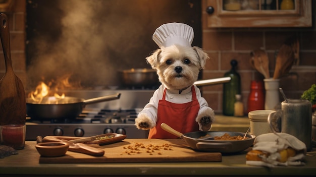Zdjęcie pies z kapeluszem mini szefa kuchni jak tapeta do gotowania