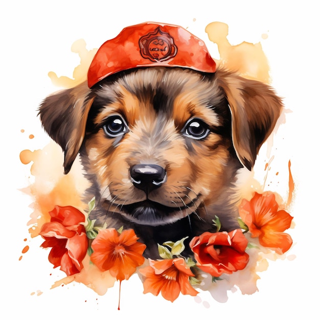 pies z kapeluszem na głowie i kwiatami w tle