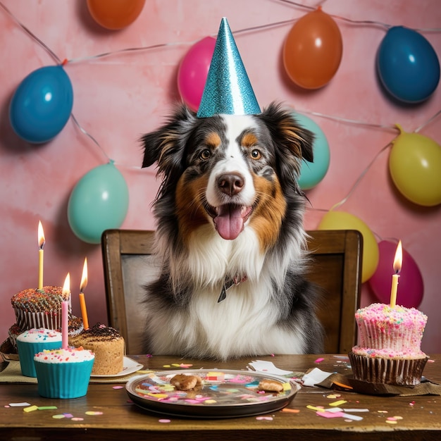 Pies z kapeluszem na przyjęciu urodzinowym Australijski Pasterz