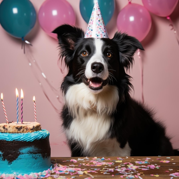 Pies z kapeluszem na przyjęciu urodzinowym Border Collie