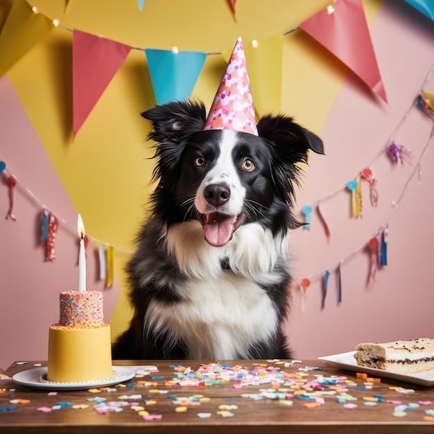 Pies z kapeluszem na przyjęciu urodzinowym border collie