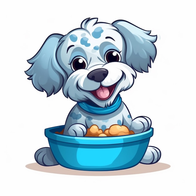 Pies z kreskówki siedzący w misce z jedzeniem generatywny ai