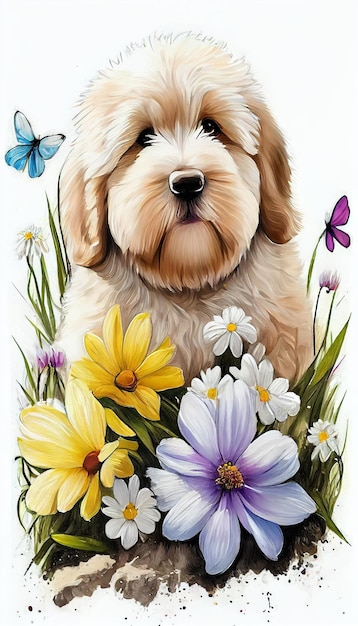 Pies z kwiatami i motylami