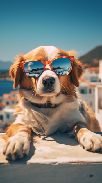 Pies z modnymi okularami słonecznymi leży na dachu i podróżuje po plaży