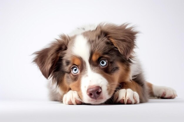 Zdjęcie pies z niebieskimi oczami i białym tłem
