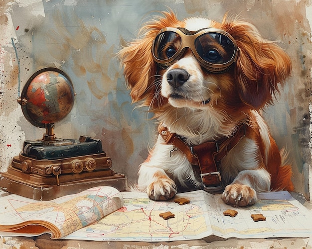 Zdjęcie pies z okularami pilotów na burzy mózgów następną trasę lotu na mapach i psie smakołyki w żywych