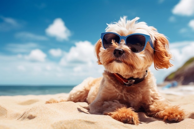 Pies z okularami przeciwsłonecznymi odpoczywa na piaskowatej plaży podczas słonecznego dnia Generative Ai