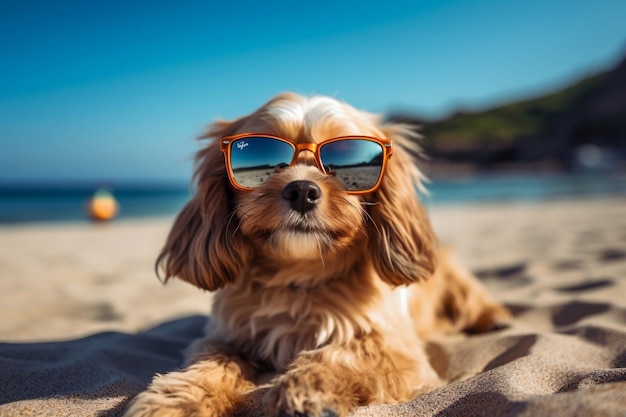 Pies z okularami przeciwsłonecznymi odpoczywa na piaskowatej plaży podczas słonecznego dnia Generative Ai