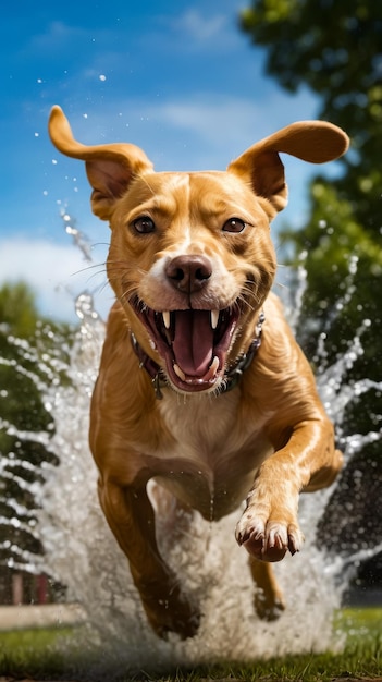 Pies z otwartymi ustami biegnie przez wodę na zewnątrz.