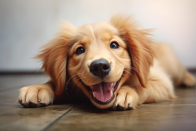 pies z otwartymi ustami i słowem "szczęśliwy" na podłodze