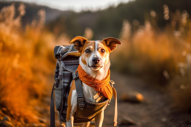 Zdjęcie pies z plecakiem i mapą