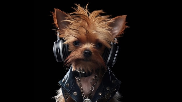 Pies ze słuchawkami na uszach i kurtką z napisem „yorkshire terrier”