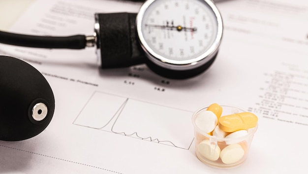 Zdjęcie pigułki i tabletki na nadciśnienie koncepcja leków sfigmomanometr i badania lekarskie w leczeniu cukrzycy lub problemów sercowo-naczyniowych