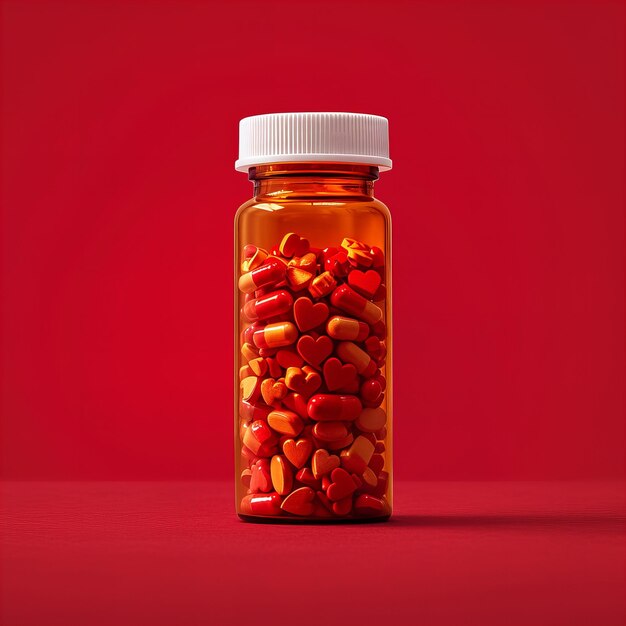 Zdjęcie pigułki w kształcie serca w butelce koncepcja zdrowia i miłości na czerwonym tle idealna na dzień walentynek