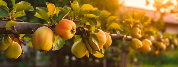 Pigwa rośnie na drzewie w ogrodzie zbiorów Generative Ai