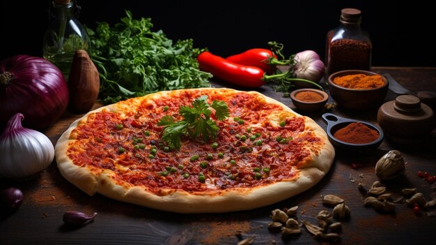 Pikantna pizza harissa, której skórka ozdobiona jest ostrym sosem harissa, grillowanym kurczakiem i papryką