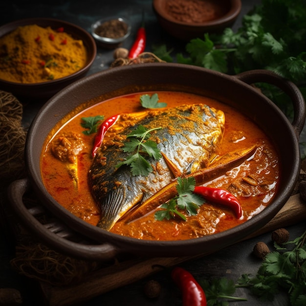 Pikantne bangladeskie curry hilsa z białym ryżem i sałatką