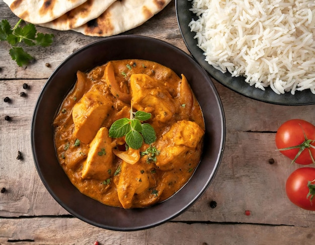 Pikantne curry z kurczaka tikka masala podawane na glinianym talerzu z ryżem i chlebem naan na drewnianym backgro