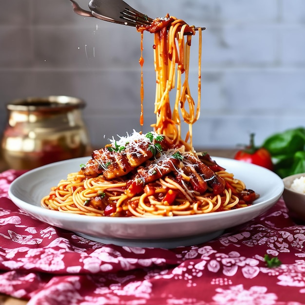 Pikantne czerwone spaghetti z dobrze grillowanym
