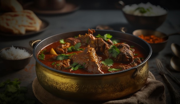 Pikantne i aromatyczne tradycyjne indyjskie danie Rogan Josh na ciemnym drewnianym stole