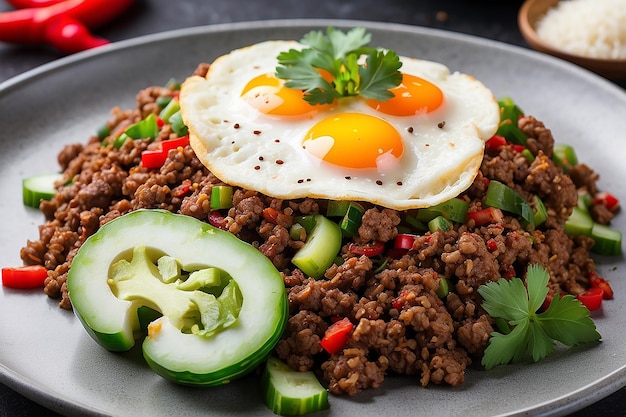 Pikantne mięso mielone na ryżu z sosowanym, posiekanym, świeżym chili i czosnkiem, papryką, bazylią, liśćmi, smażonymi jajkami i ogórkami