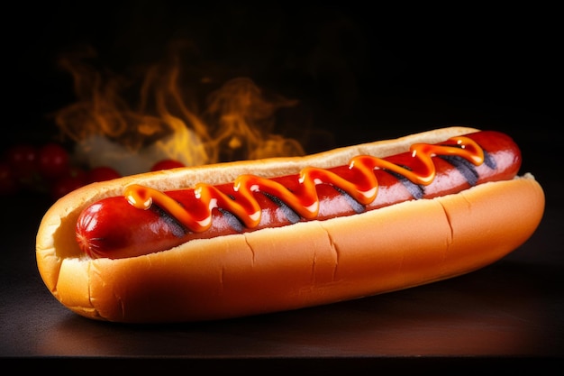 Pikantne, smaczne, gorące, niezdrowe kiełbaski z grilla amerykańskiego hot-doga, posiłek fast food na pikniku z grillem