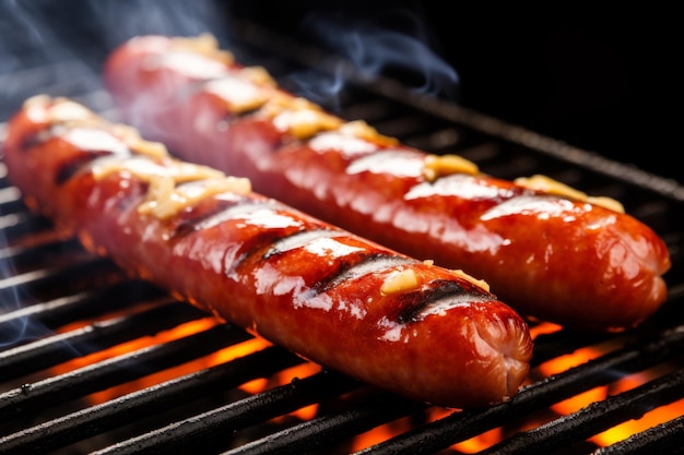Pikantne, smaczne, gorące, niezdrowe kiełbaski z grilla amerykańskiego hot-doga, posiłek fast food na pikniku z grillem