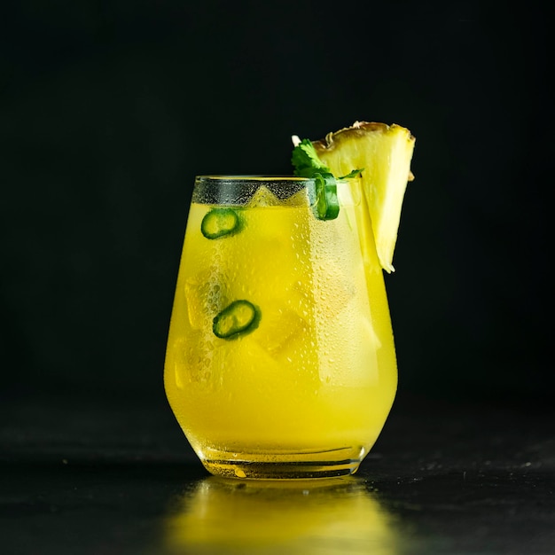 Pikantny ananas jalapeno mezcalita lub margarita dla cinco de mayo to orzeźwiający koktajl z ananasowej kolendry jalapeno i meksykańskiego destylowanego napoju alkoholowego na czarnej powierzchni