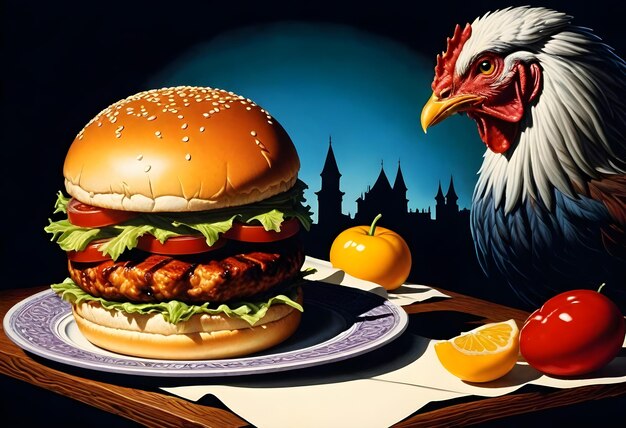 Zdjęcie pikantny, gorący hamburger z kurczakiem.