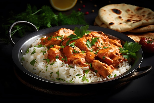 Pikantny kurczak tikka masala z ryżem basmati i chlebem naan w indyjskim stylu Generative AI