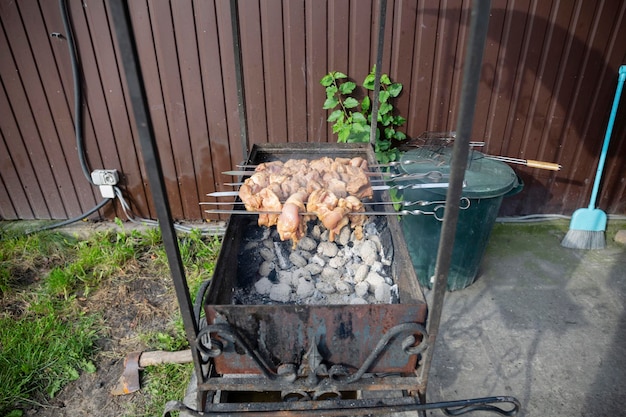 Piknik BBQ z kebabami i mięsem na otwartym ogniu w letni dzień na podwórku prywatnego domu