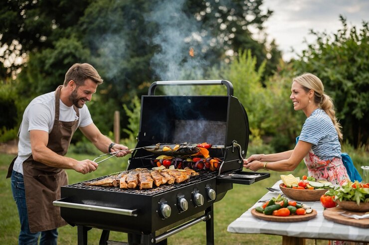 Zdjęcie piknik, grill, ryby i warzywa na grillu.