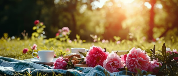 Piknik na kwitnącym łące z piwonami, wycieraczka na trawie w parku, odpoczynek na świeżym powietrzu, śniadanie na