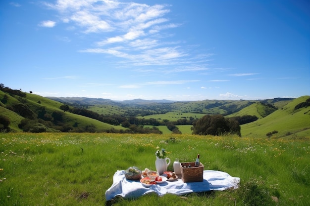 Piknik na łące z widokiem na wzgórza i czyste, błękitne niebo stworzone za pomocą generatywnej sztucznej inteligencji