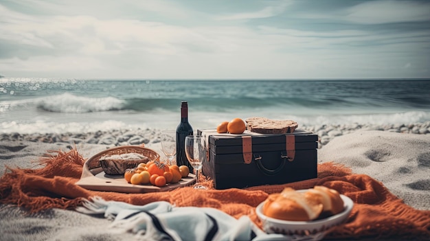 Piknik na plaży z butelką wina i koszem jedzenia