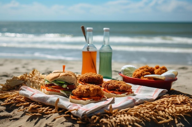 Zdjęcie piknik na plaży z kanapkami z czerwonych ryb wysokiej jakości zdjęcia czerwonych ryb