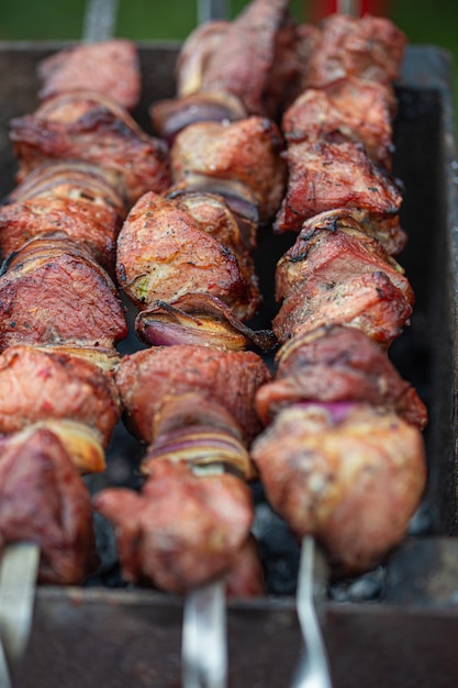 Piknik na świeżym powietrzu z grillowaniem świeżego mięsa shish kebab shashlik