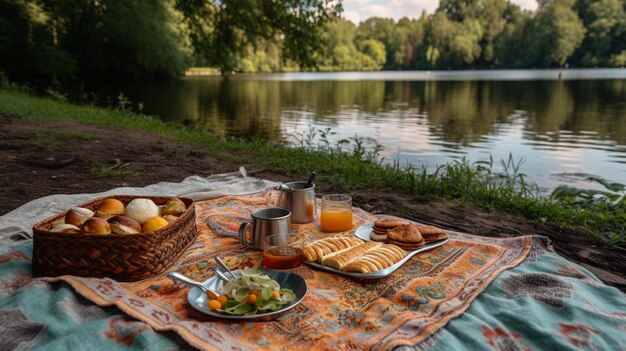 Piknik nad jeziorem z koszem owoców oraz koszem owoców i chleba.