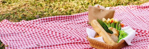 Zdjęcie piknik obiad obiad na świeżym powietrzu park z koszem piknikowym cieszy się czasem piknikowym w parku przyrodzie na wolności