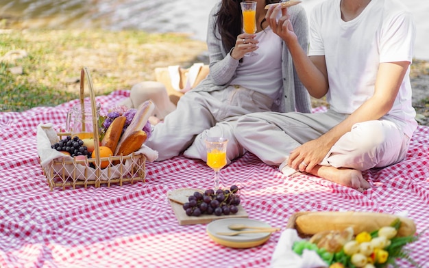 Piknik Obiad Posiłek Na Zewnątrz Park z koszem piknikowym z jedzeniem, ciesząc się czasem pikniku w parkowej naturze na świeżym powietrzu