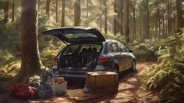 Piknik otwarty las bagażowy w samochodzie fotorealistyczny generowany Al