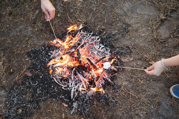 Piknik para turystyka koncepcja ognisko. Jedność z naturą. Duch wędrówek. Czas na piankę.