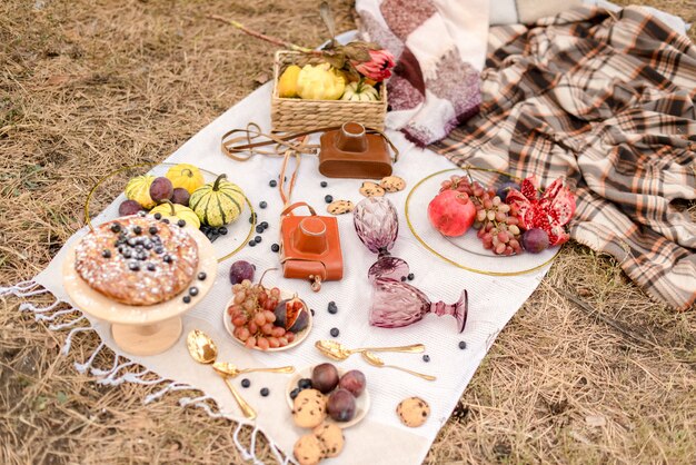 Piknik w lesie z owocami i piekarnią