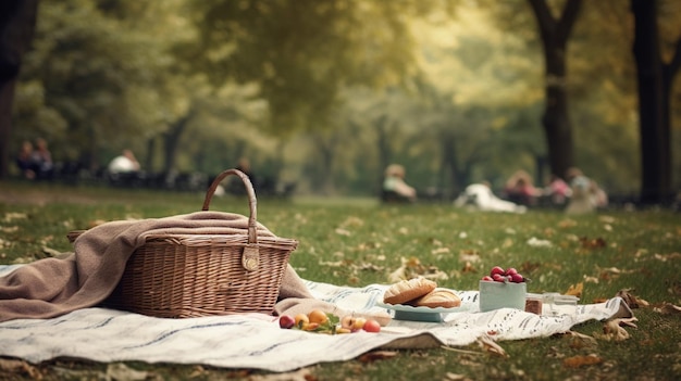 Piknik w parku z koszem na ziemi