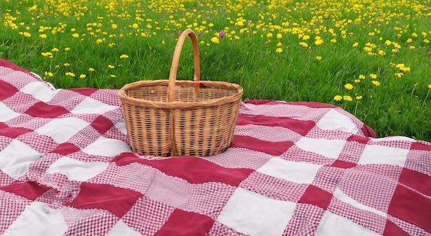 Zdjęcie piknik z czerwoną i białą matą i koszem na łące