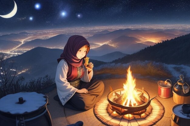 Piknik zimowy Spokojna scena młodej muzułmanki przy ognisku