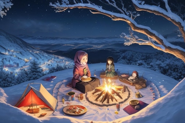 Piknik zimowy Spokojna scena młodej muzułmanki przy ognisku