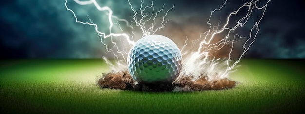 Piłeczka golfowa na banerze energii ruchu zielonego trawnika i błyskawicy wykonana za pomocą Generative AI