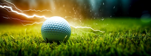 Piłeczka golfowa na banerze energii ruchu zielonego trawnika i błyskawicy wykonana za pomocą Generative AI