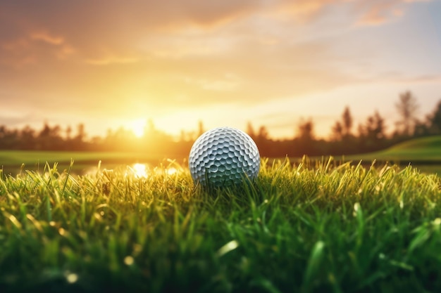 Piłeczka golfowa na trawie o zachodzie słońca